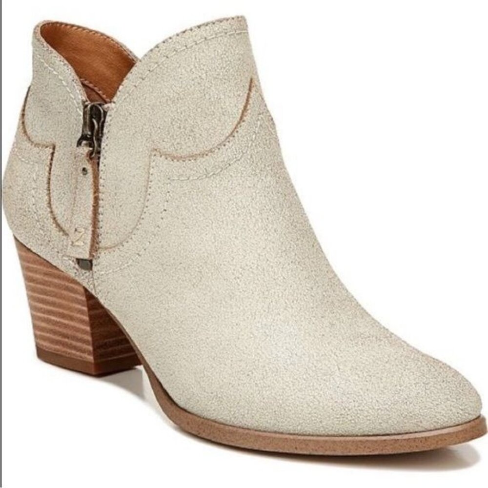 Zodiac Kaylin Western Ankle Booties Ivory Leather Side Zip Stacked Heel Size 9.5